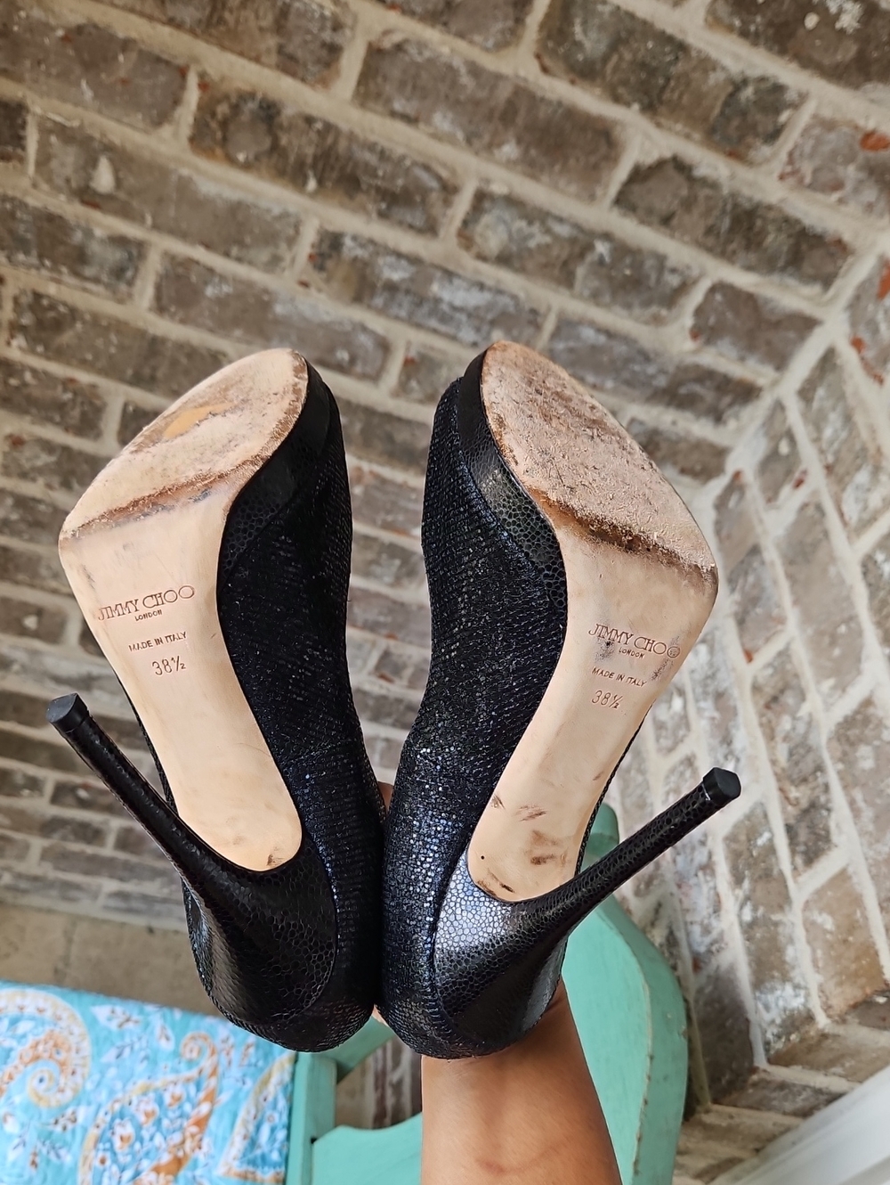 Jimmy Choo Classic Black Textured Sparkly Peep-Toe Stiletto Pumps Size 38.5 - Picture 5 of 6